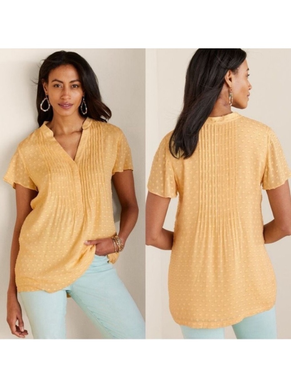 Soft Surroundings Offshore Blouse, Golden Haze, Pleated Swiss Dot, Women's 1X